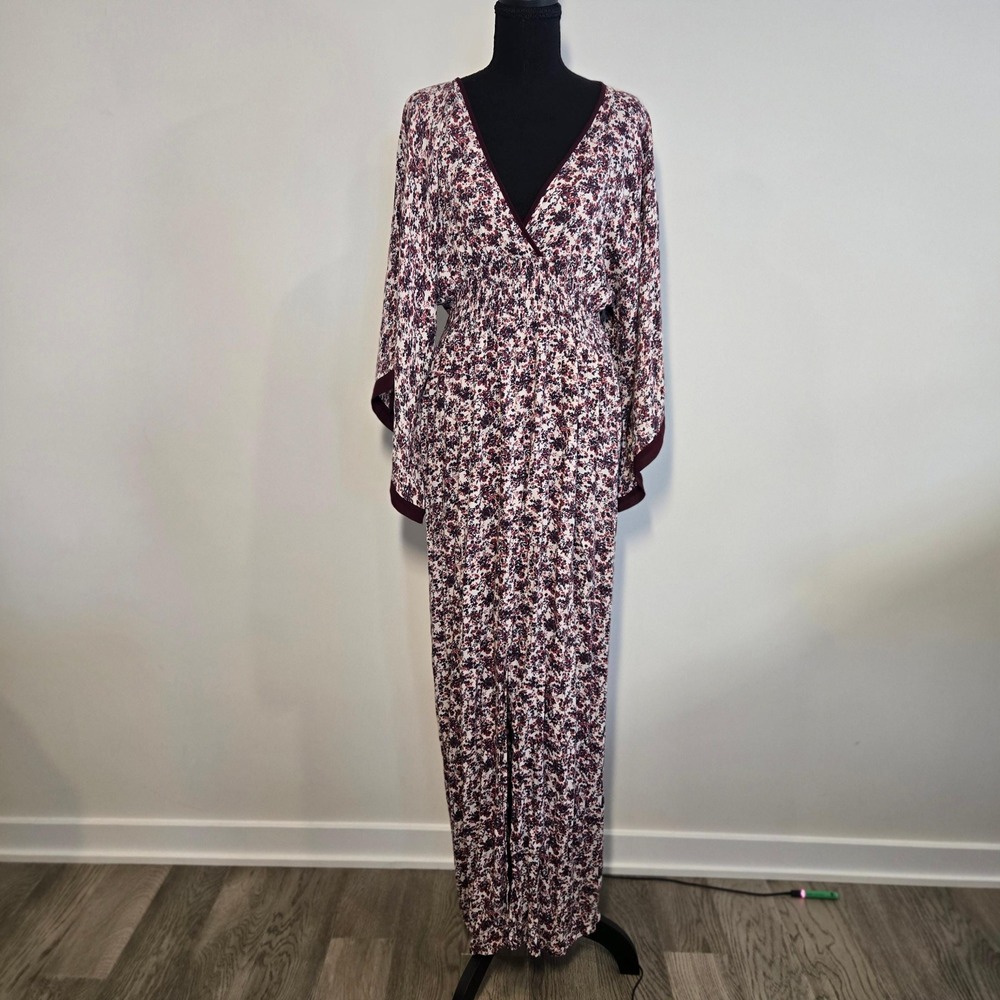 Lovestitch Maxi Dress Women M/L Burgundy Floral Excellent Smocked Kimono Sleeve